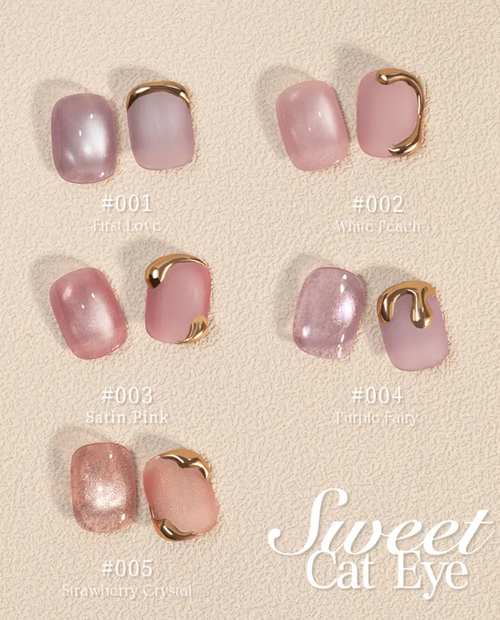 Set of pink nail designs with gold accents on a beige background, labeled with color codes and names.